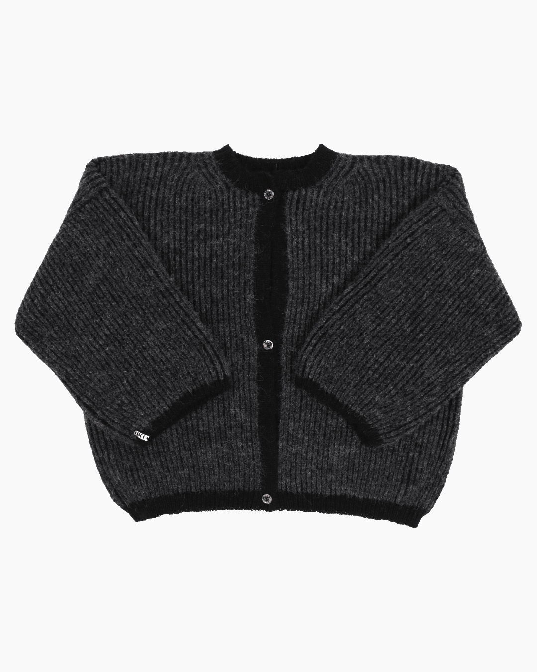 A bicolor grey and black cardigan with a ribbed texture, 3 buttons down the front and wide 3/4 sleeves