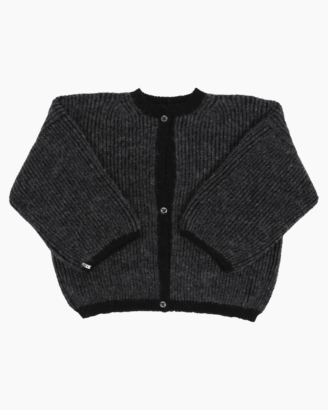 A bicolor grey and black cardigan with a ribbed texture, 3 buttons down the front and wide 3/4 sleeves