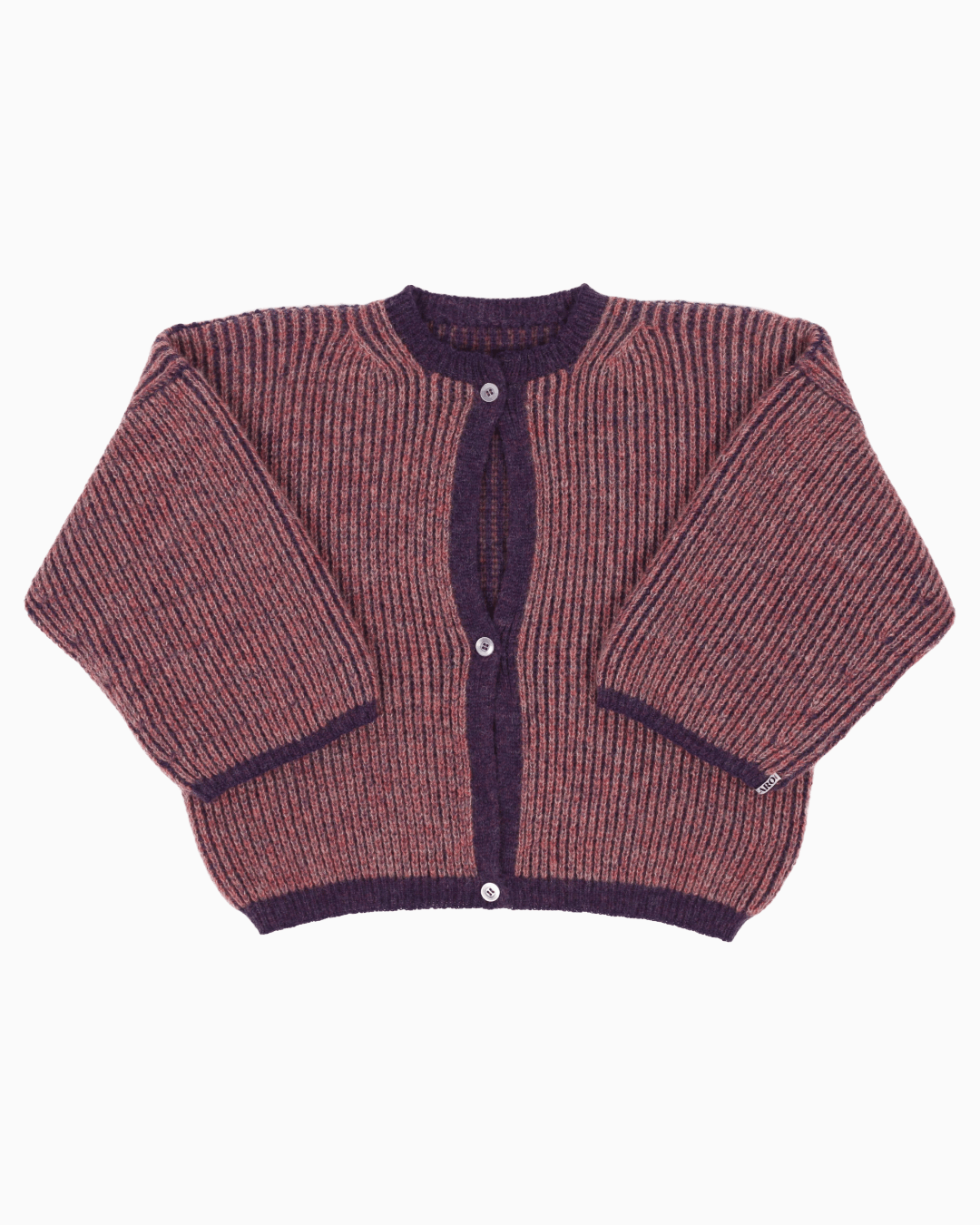 A bicolor pink and purple cardigan with a ribbed texture, 3 buttons down the front and wide 3/4 sleeves