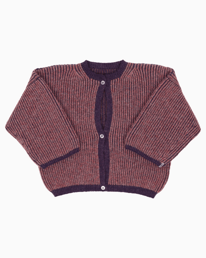 A bicolor pink and purple cardigan with a ribbed texture, 3 buttons down the front and wide 3/4 sleeves