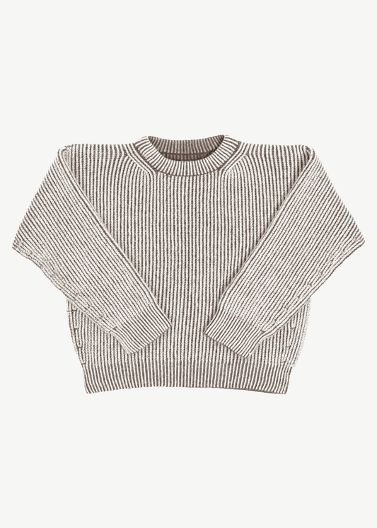 A brown and cream reversible crewneck with english ribbed stitches