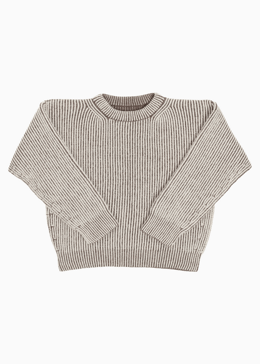 A brown and cream reversible crewneck with english ribbed stitches