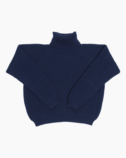 Packshot of a blue cropped ribbed turtleneck