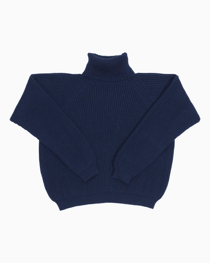 Packshot of a blue cropped ribbed turtleneck