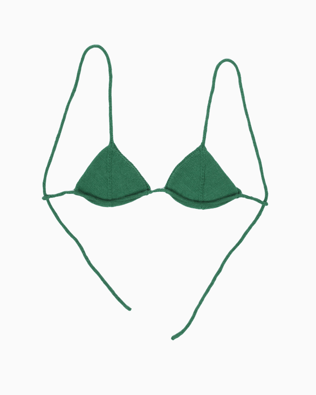 packshot of a green bralette, a knit bikini