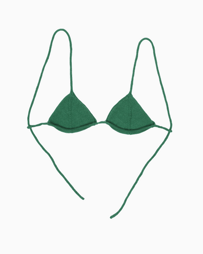 packshot of a green bralette, a knit bikini