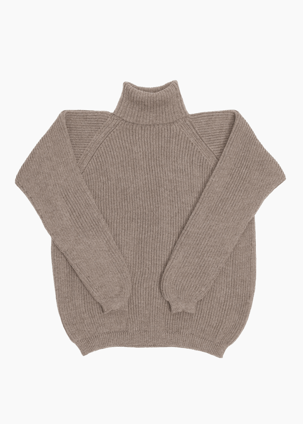 A beige unisex turtleneck sweater made of baby alpaca wool with a fisherman rib design.