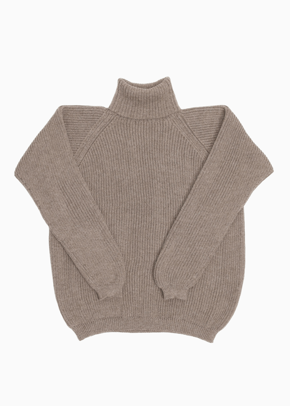 A beige unisex turtleneck sweater made of baby alpaca wool with a fisherman rib design.