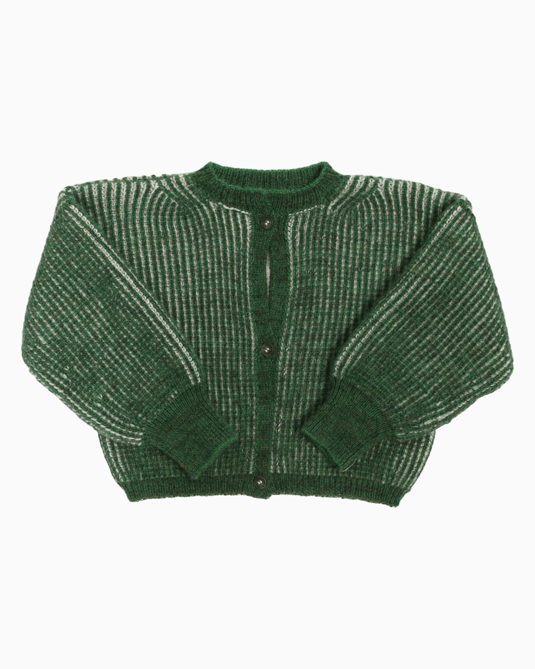 A bicolor white and green junior cardigan with a ribbed texture, 3 buttons down the front