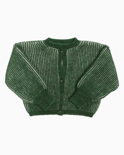 A bicolor white and green junior cardigan with a ribbed texture, 3 buttons down the front