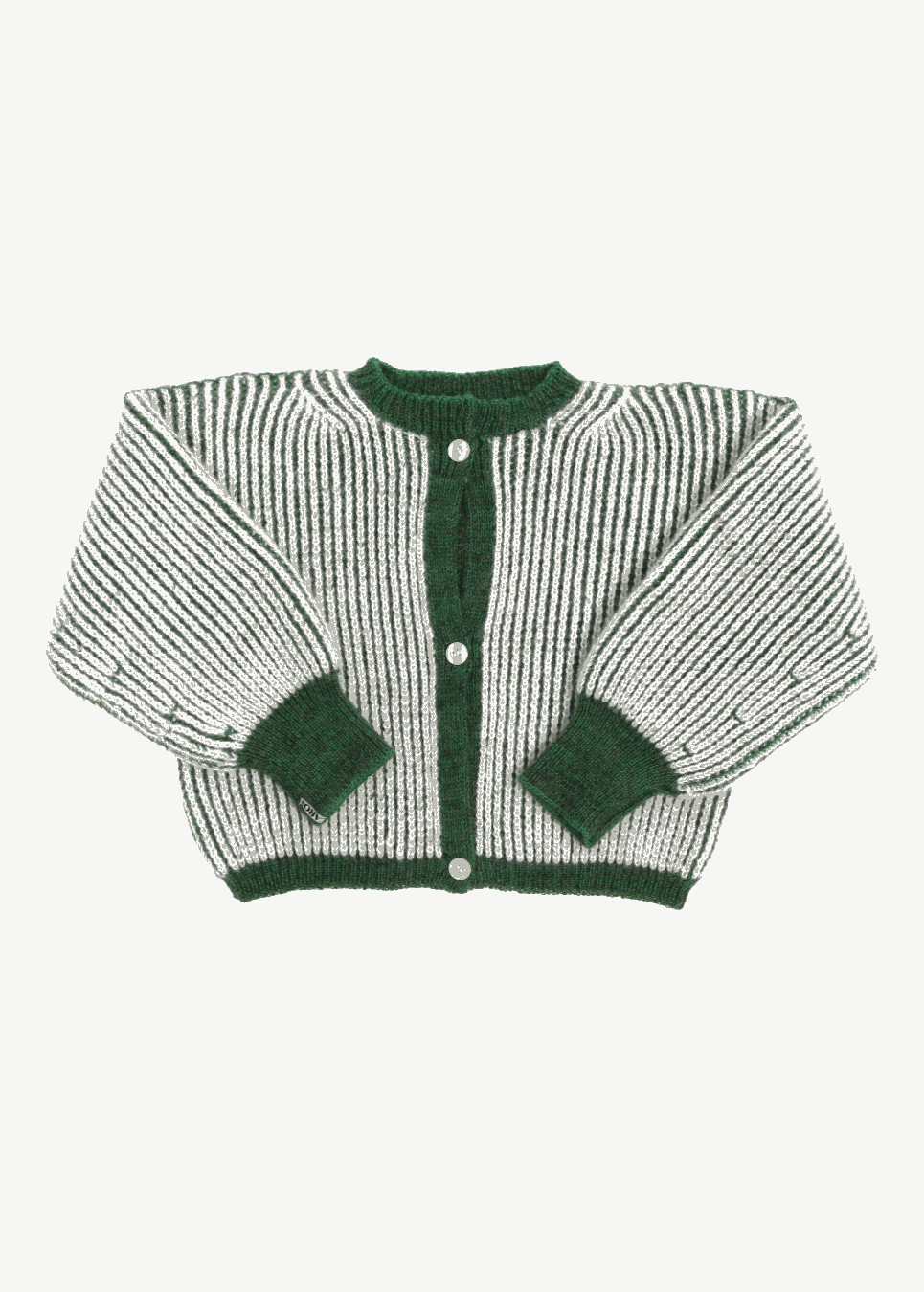 A bicolor green and white junior cardigan with a ribbed texture, 3 buttons down the front