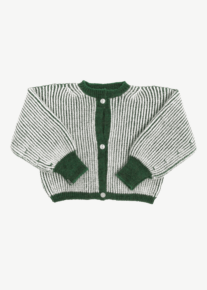 A bicolor green and white junior cardigan with a ribbed texture, 3 buttons down the front
