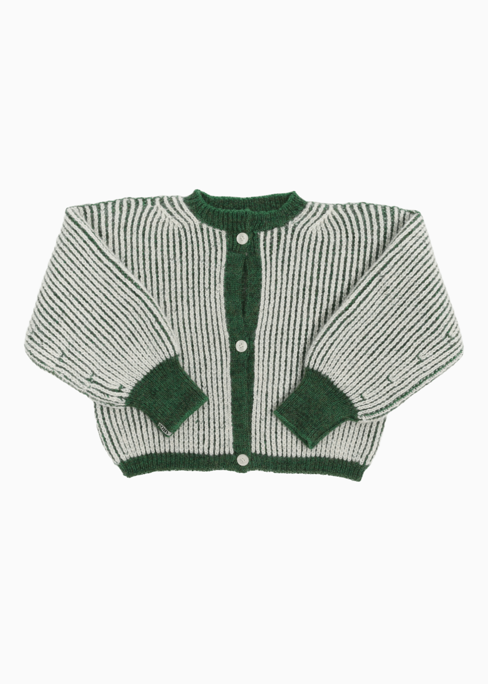 A bicolor green and white junior cardigan with a ribbed texture, 3 buttons down the front