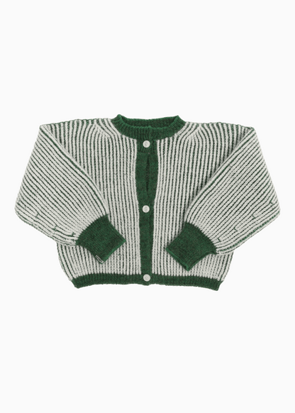 A bicolor green and white junior cardigan with a ribbed texture, 3 buttons down the front