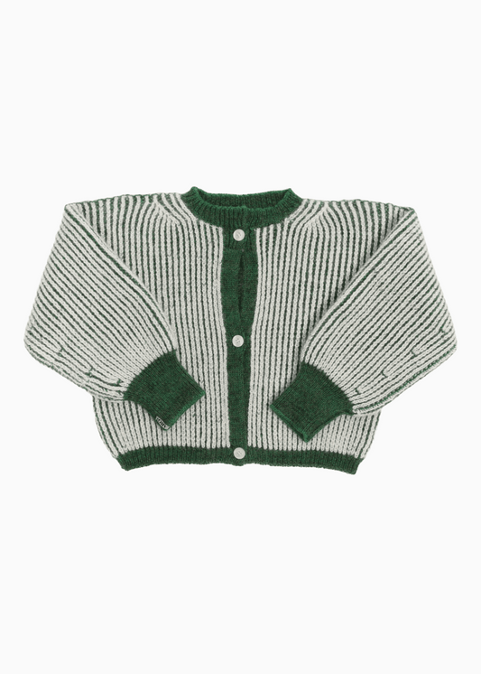 A bicolor green and white junior cardigan with a ribbed texture, 3 buttons down the front