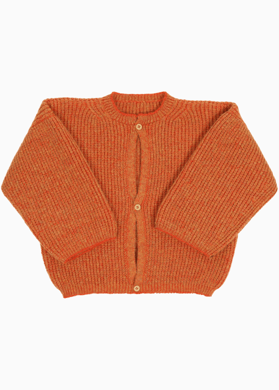 An orange cardigan with a ribbed texture, 3 buttons down the front and wide 3/4 sleeves