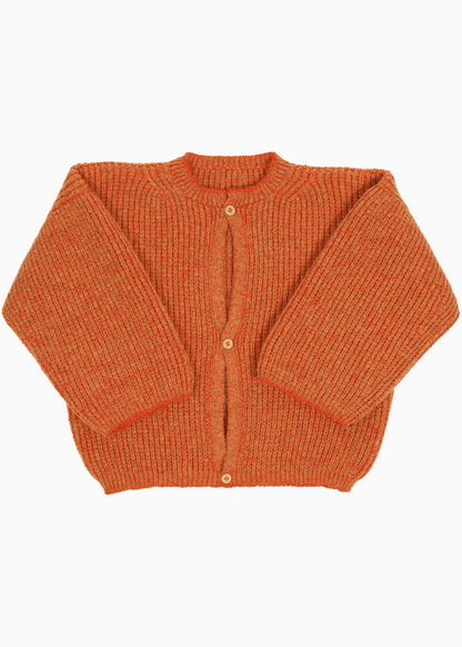 An orange cardigan with a ribbed texture, 3 buttons down the front and wide 3/4 sleeves
