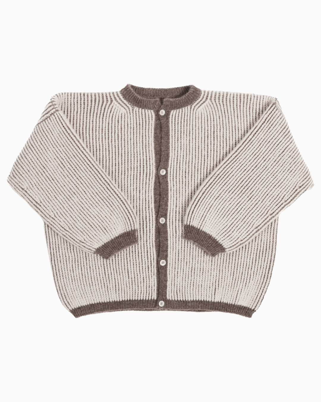A bicolor brown and white oversize cardigan with a ribbed texture, 3 buttons down the front bicolor oversized and wide 3/4 sleeves
