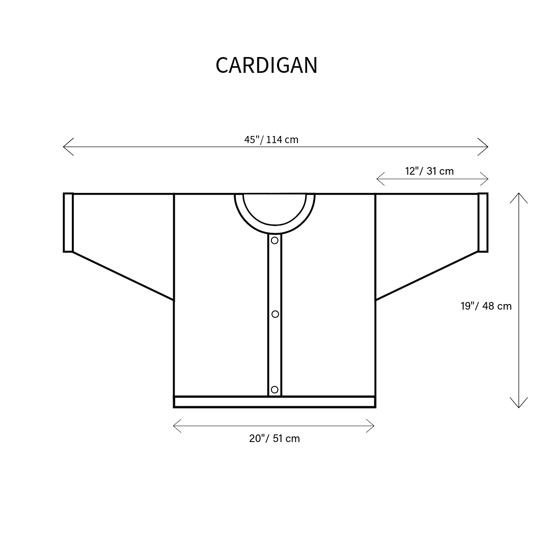 Measurement chart for a belacaro cardigan with dimensions in centimeters and inches