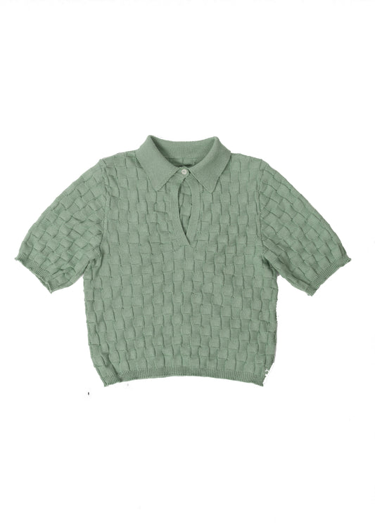 Green textured short-sleeve polo shirt on a white background