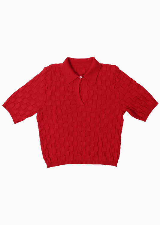 A red checkered polo on a white background