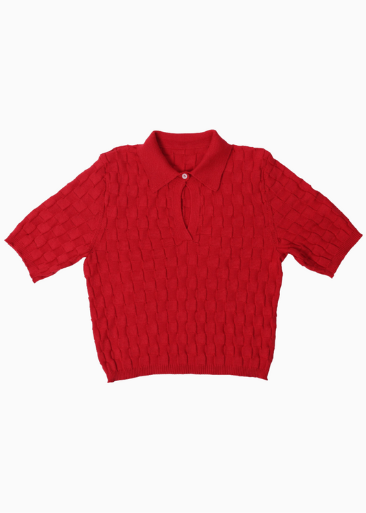A red checkered polo on a white background