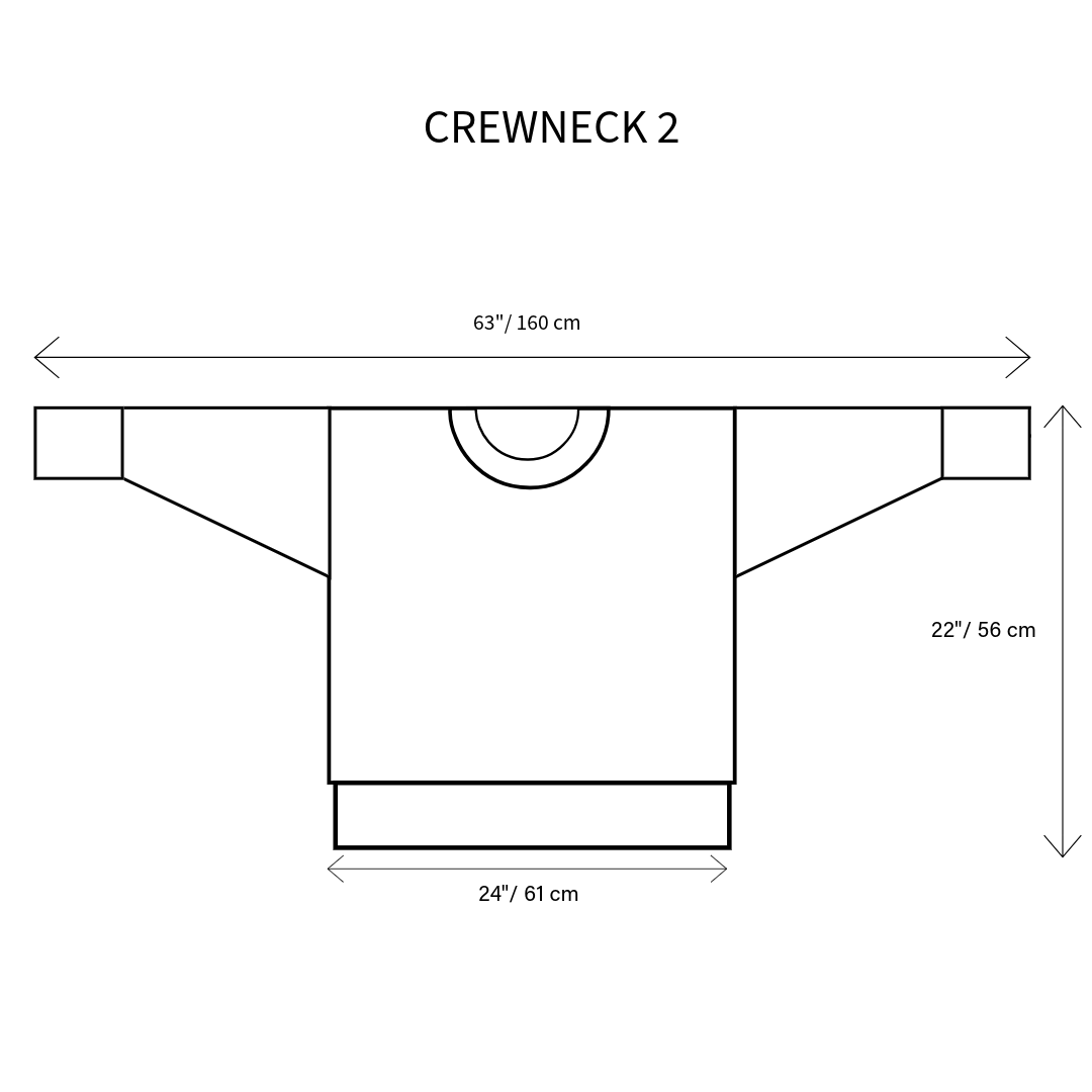 Size chart of a crewneck sweater with dimensions labeled