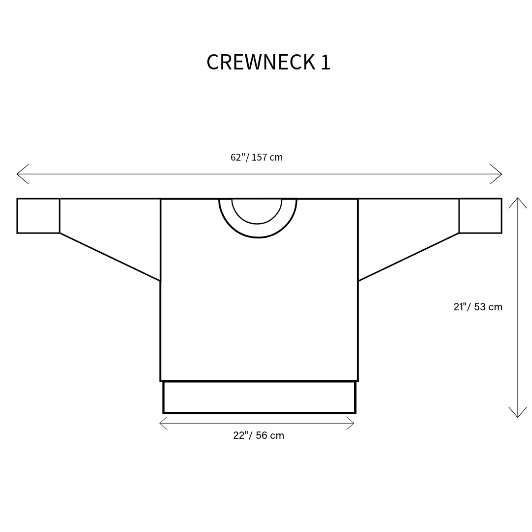 Size chart of a crewneck sweater with dimensions labeled
