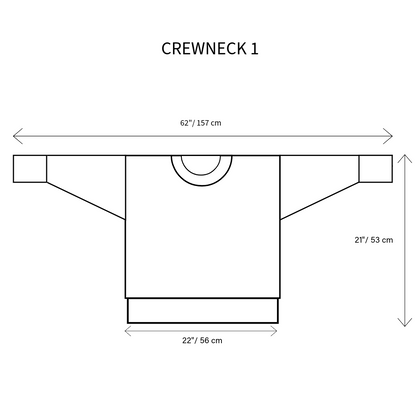 Size chart of a crewneck sweater with dimensions labeled