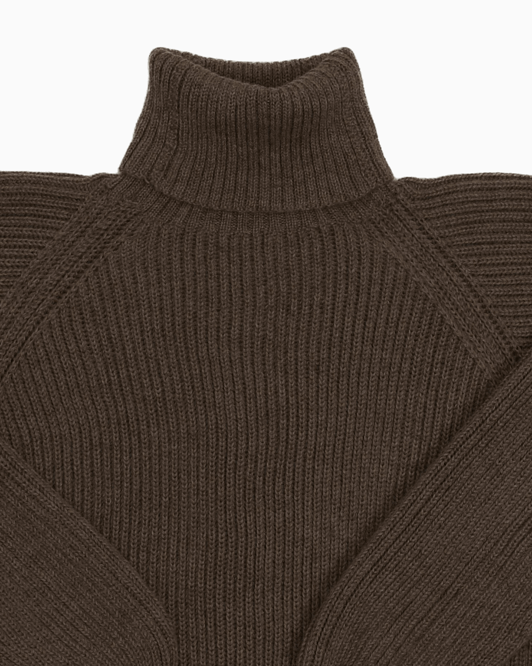 Collar detail of a dark brown unisex turtleneck sweater made of baby alpaca wool with a fisherman rib design.