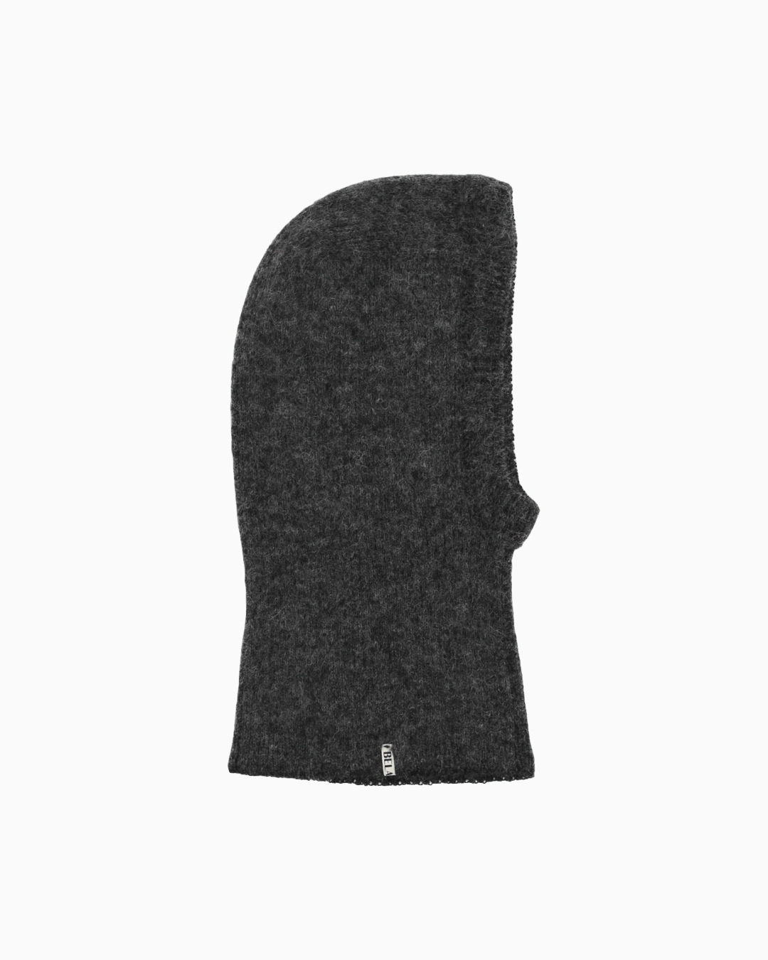 Packshot of a dark grey ribbed balaclava