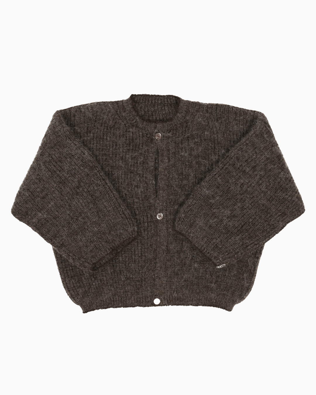 An dark grey cardigan with a ribbed texture, 3 buttons down the front and wide 3/4 sleeves