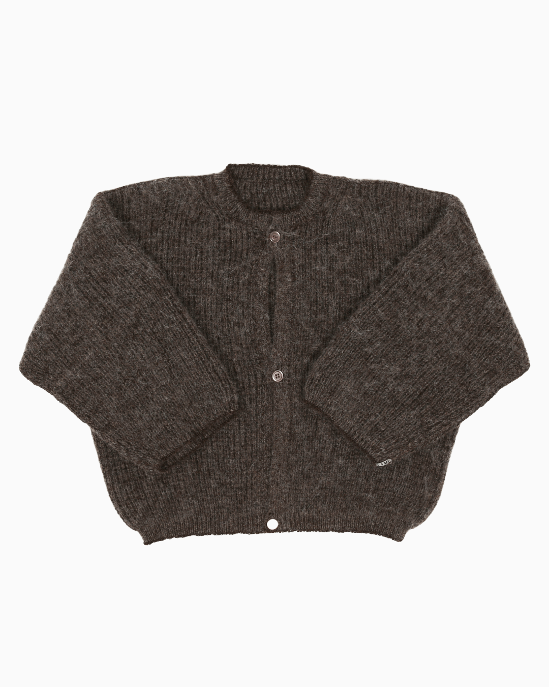An dark grey cardigan with a ribbed texture, 3 buttons down the front and wide 3/4 sleeves