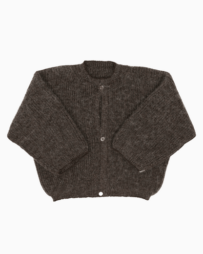 An dark grey cardigan with a ribbed texture, 3 buttons down the front and wide 3/4 sleeves