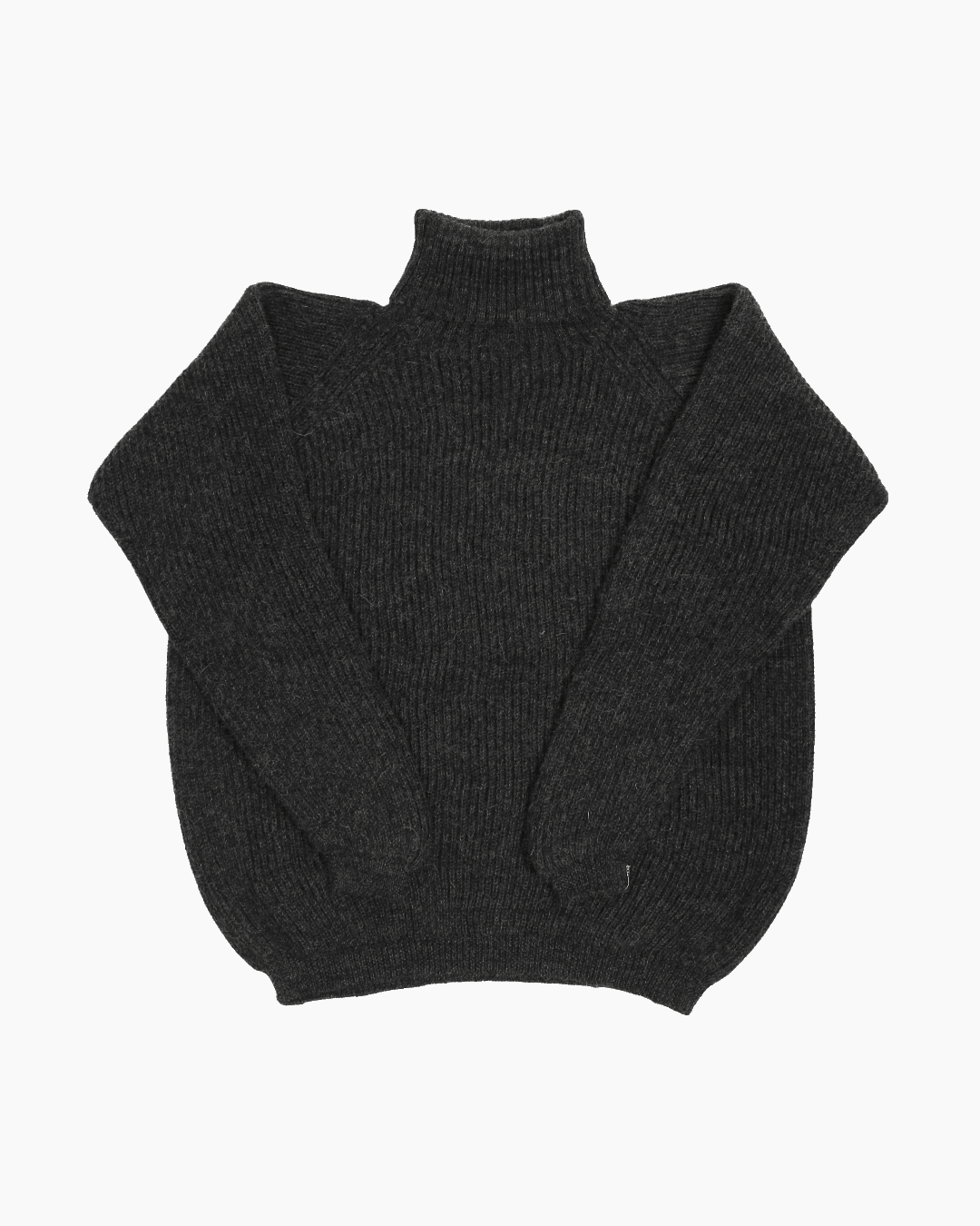 Packshot of a dark grey unisex turtleneck sweater made of baby alpaca wool with a fisherman rib design.