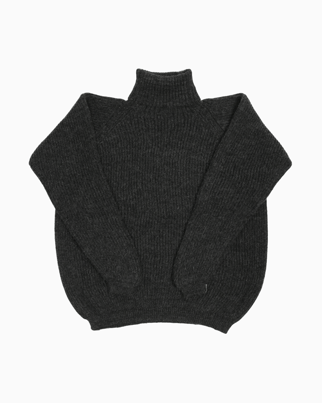 Packshot of a dark grey unisex turtleneck sweater made of baby alpaca wool with a fisherman rib design.
