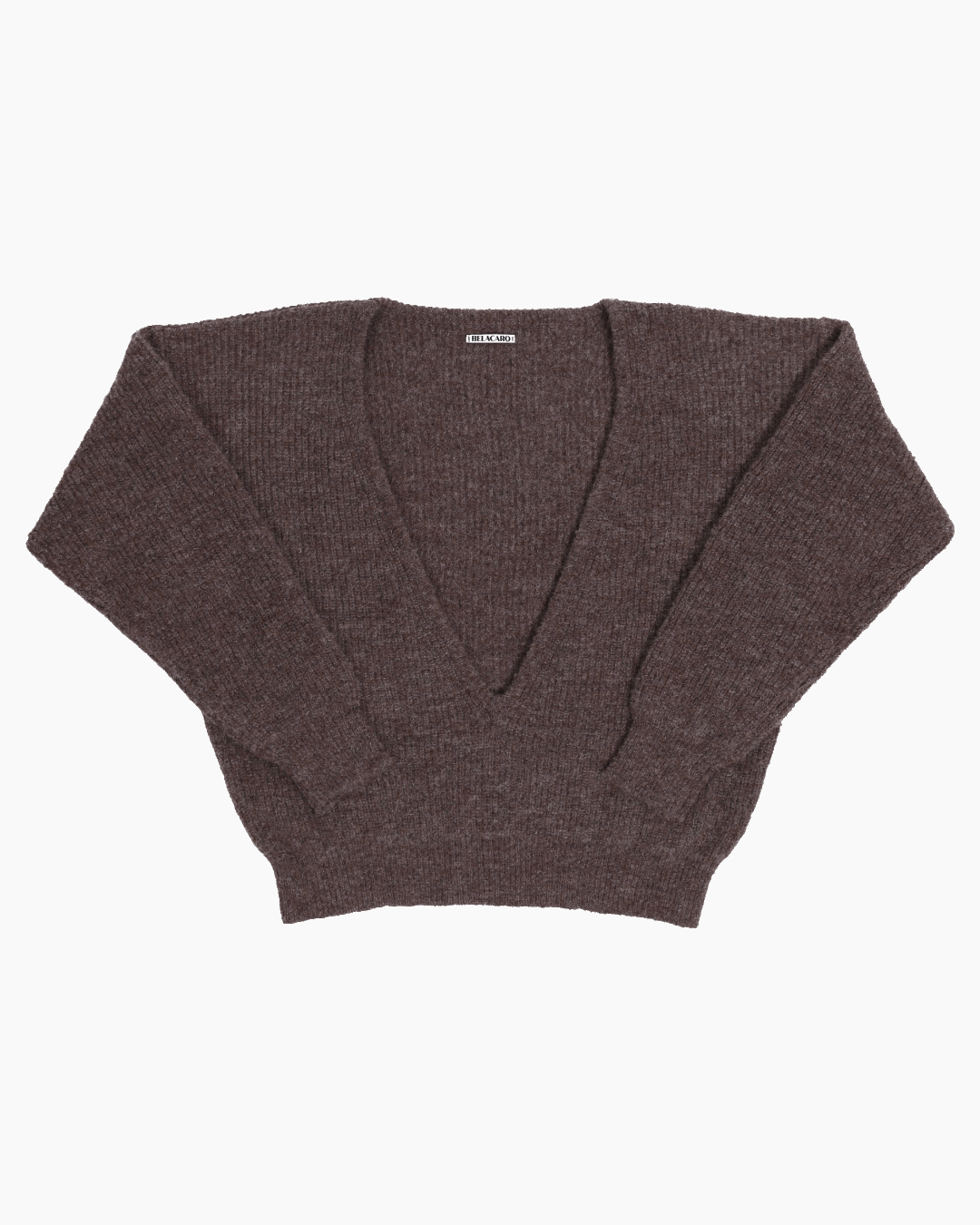 A brown, ribbed sweater with a deepv neck on a white background