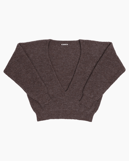 A brown, ribbed sweater with a deepv neck on a white background
