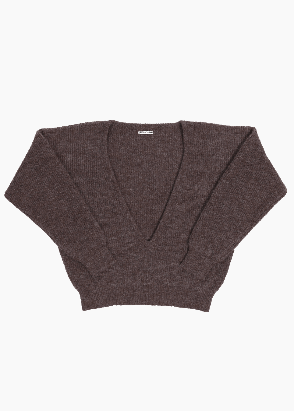 A brown, ribbed sweater with a deepv neck on a white background