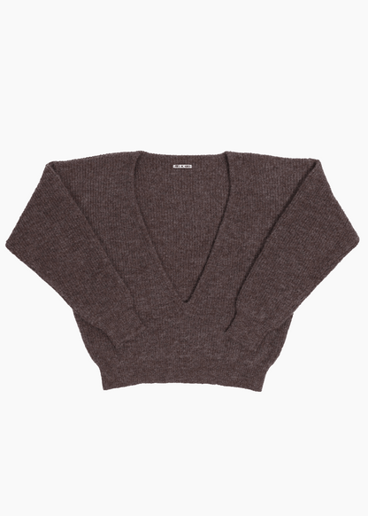 A brown, ribbed sweater with a deepv neck on a white background