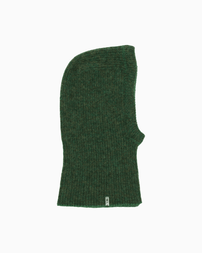 Packshot of a green ribbed balaclava