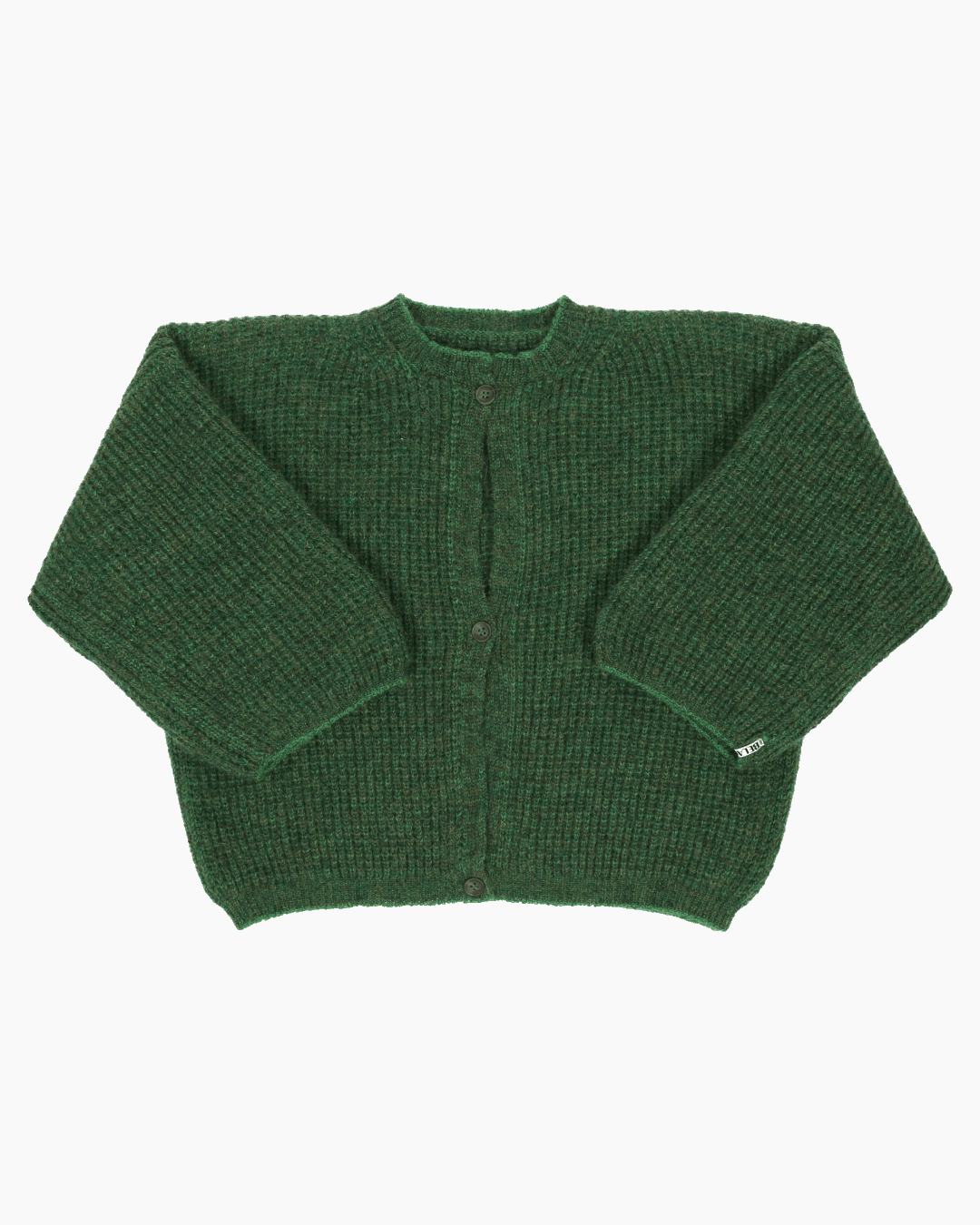 An green cardigan with a ribbed texture, 3 buttons down the front and wide 3/4 sleeves