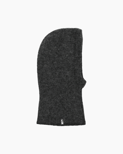 Packshot of a dark grey ribbed kid balaclava
