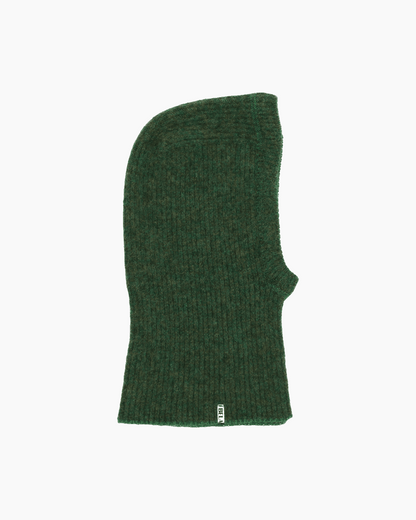 Packshot of a green ribbed kid balaclava