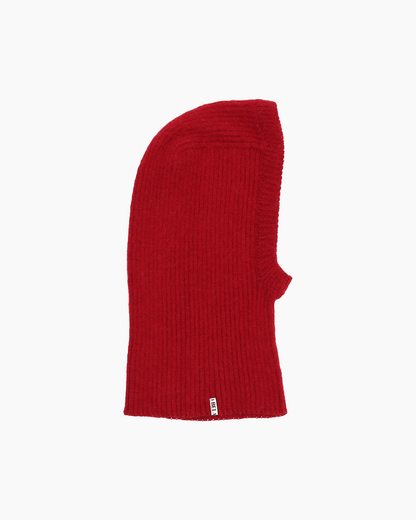 Packshot of a red ribbed kid balaclava