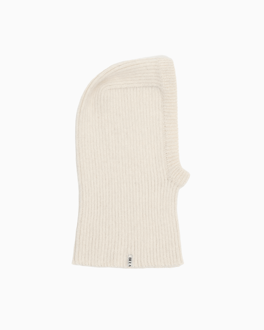 Packshot of a white ribbed kid balaclava