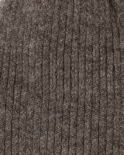 Close-up of the Belacaro kids beanie in brown baby alpaca, showing the soft ribbed knit texture.