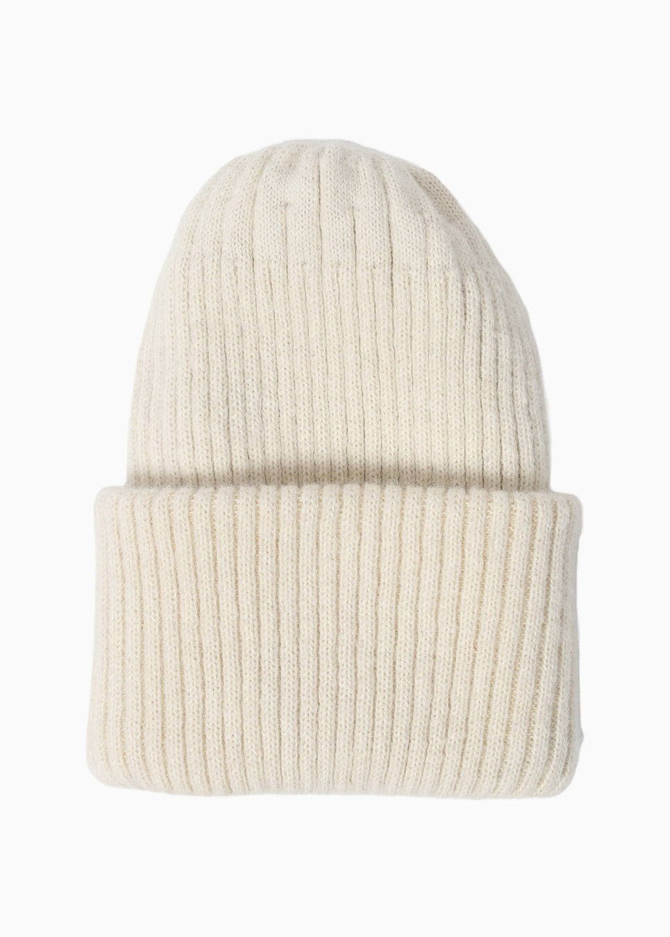 Belacaro kids beanie in cream baby alpaca, ribbed knit with folded brim, cozy and soft texture, flat lay on white background.
