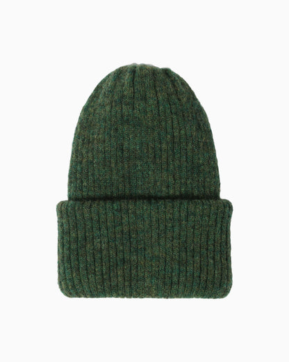 Belacaro kids beanie in forest green baby alpaca, ribbed knit with folded brim, flat lay on white background.