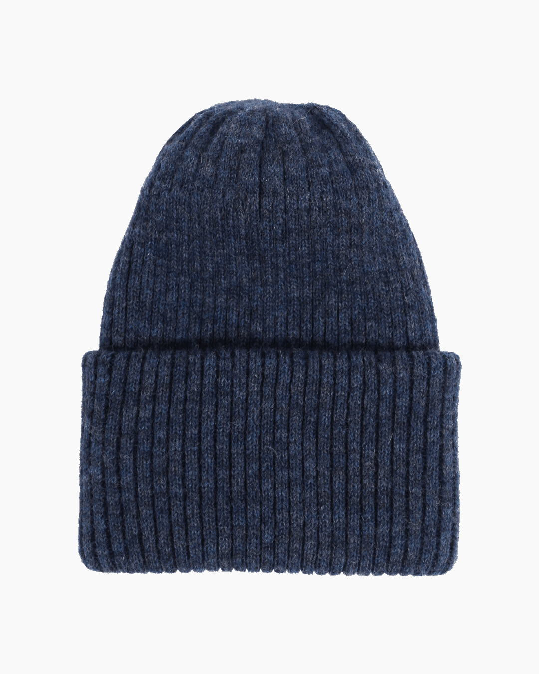 Belacaro kids beanie in navy blue baby alpaca, ribbed knit texture with folded brim, flat lay on white background.